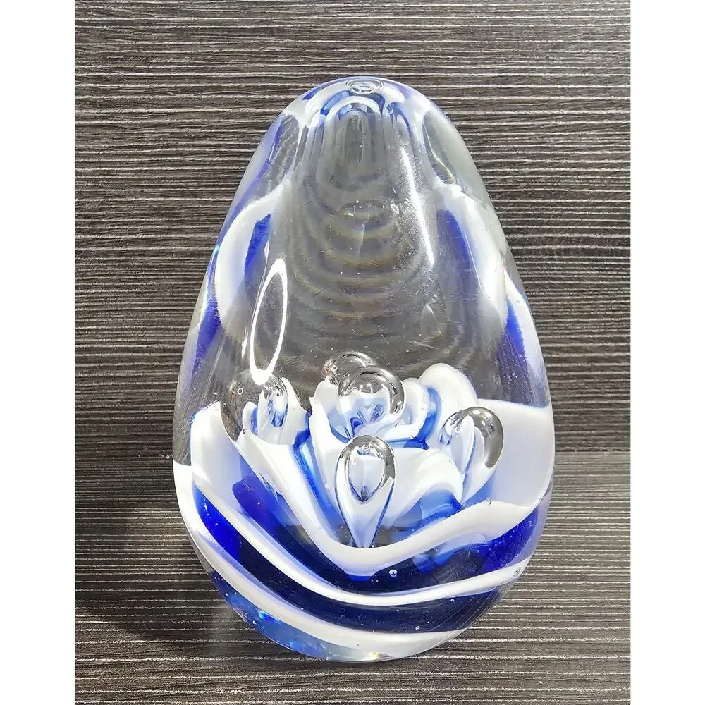 Blue Glass Art Paper Weight Bubble Floral Clear Desk Egg Shape